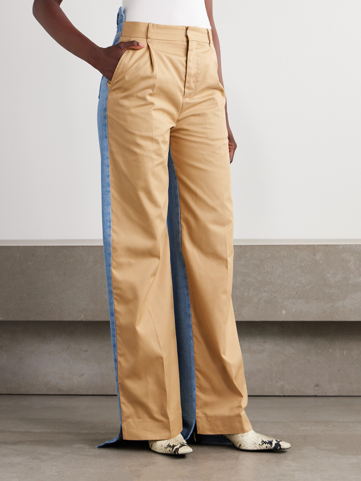 Bettter Denitrouser Pleated Cotton-twill And Denim Straight-leg Pants In Gold