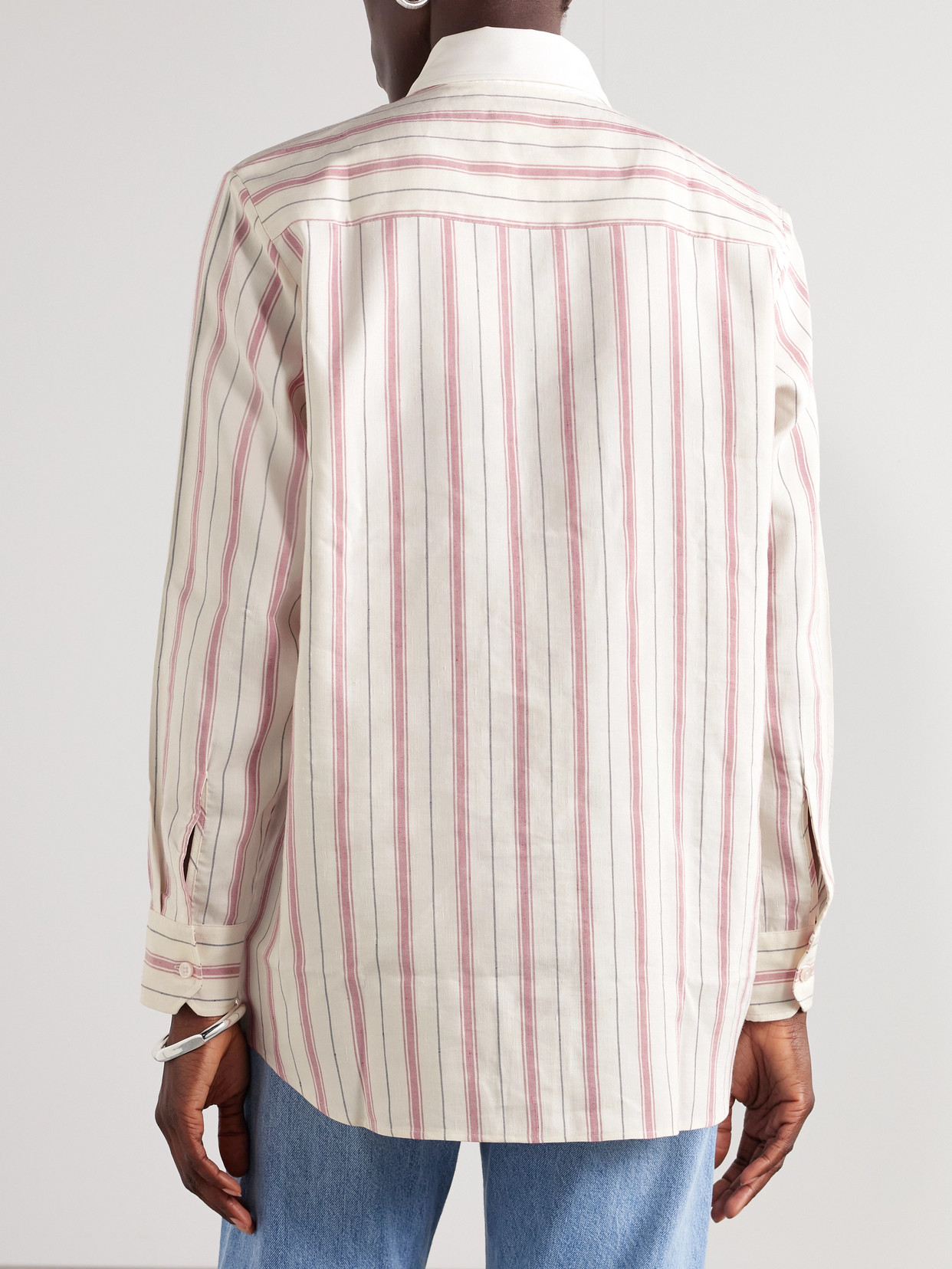 Bettter Linden Poplin-trimmed Striped Silk And Linen-blend Shirt In Neutral