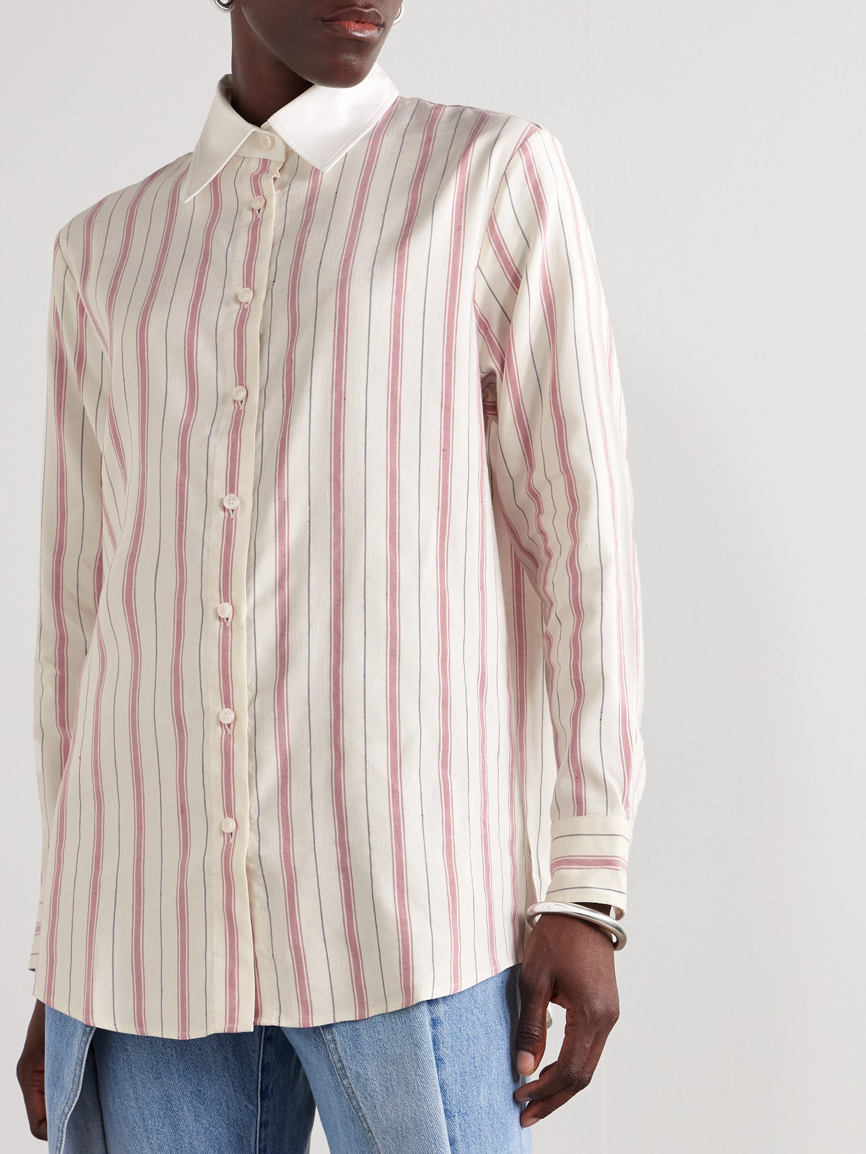 Bettter Linden Poplin-trimmed Striped Silk And Linen-blend Shirt In Neutral