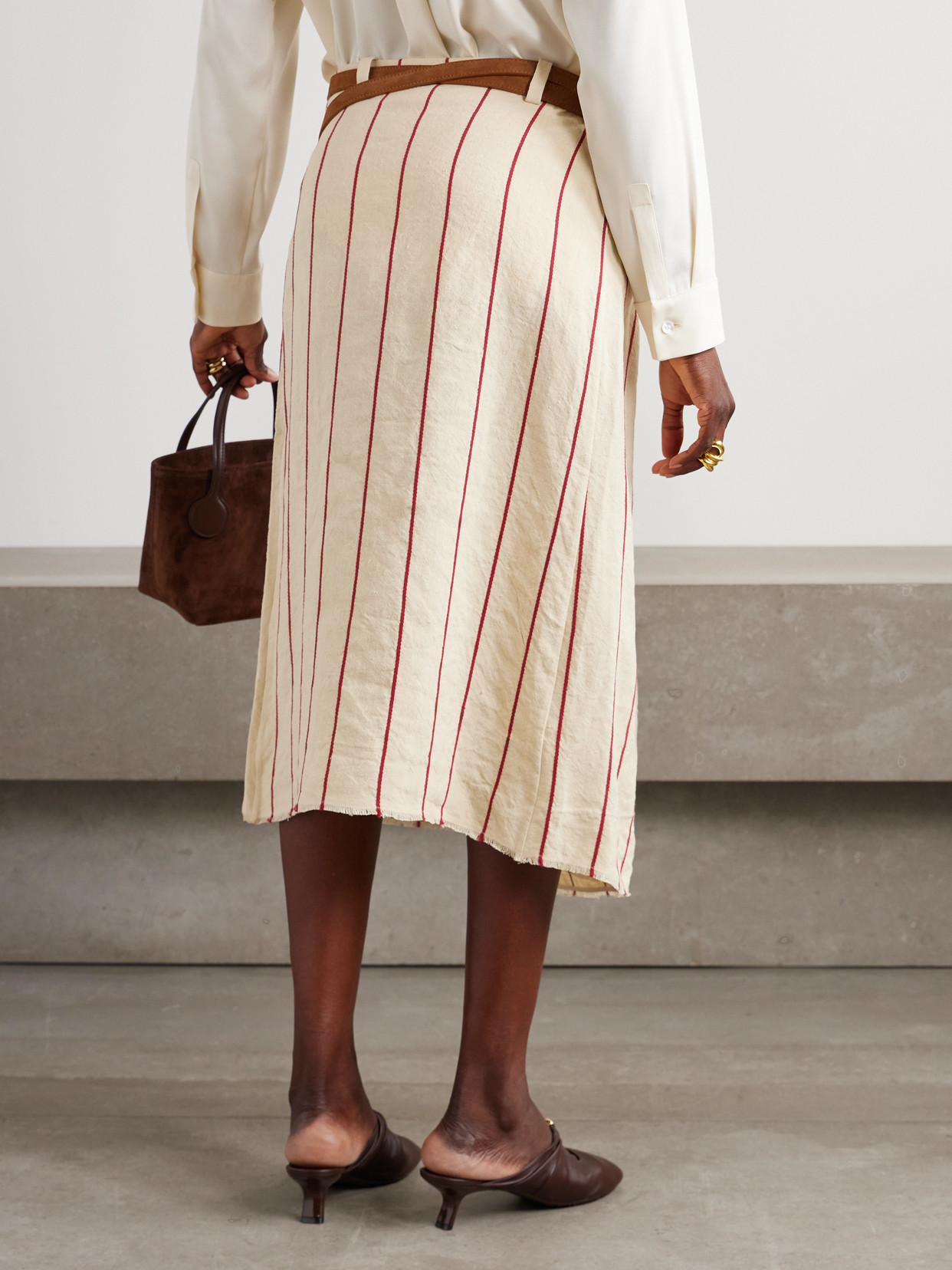 Bettter Pareo Belted Striped Linen Midi Wrap Skirt In Gold