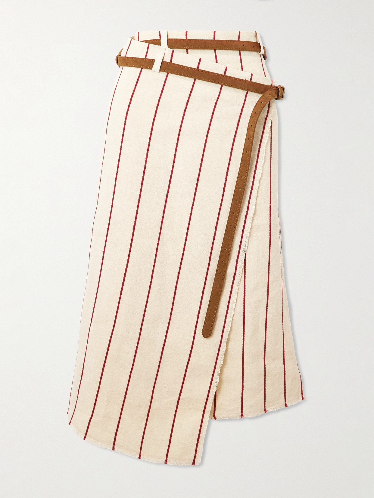 Bettter Pareo Belted Striped Linen Midi Wrap Skirt In White