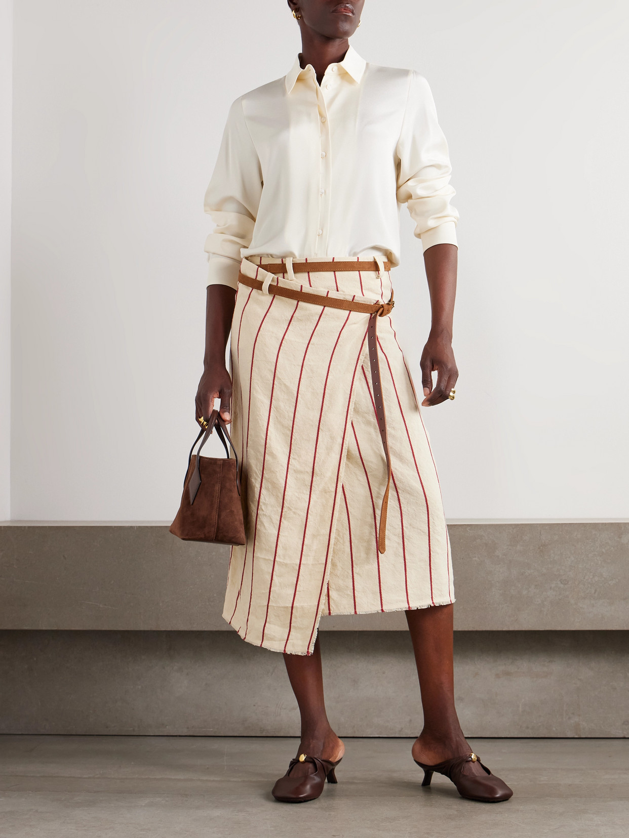 Bettter Pareo Belted Striped Linen Midi Wrap Skirt In Gold