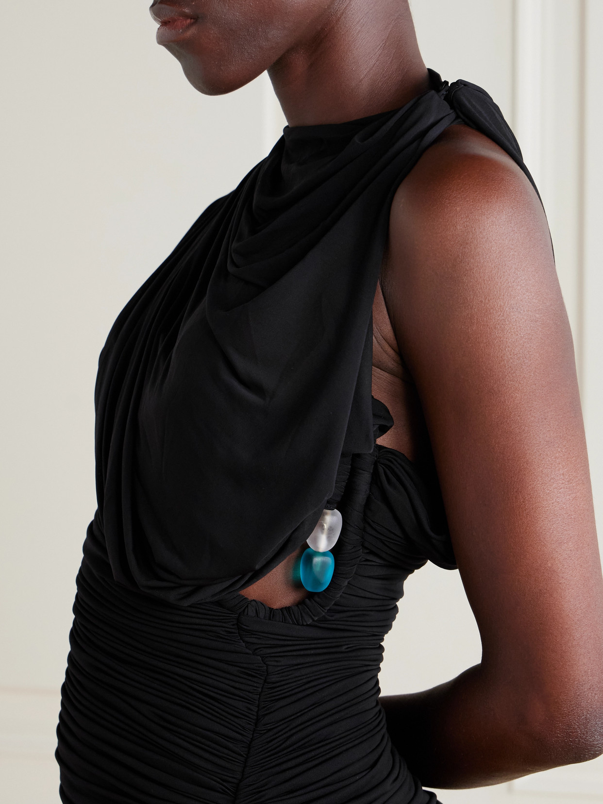 Christopher Esber Beach Glass Ruched Asymmetric Jersey Mini Dress In Black
