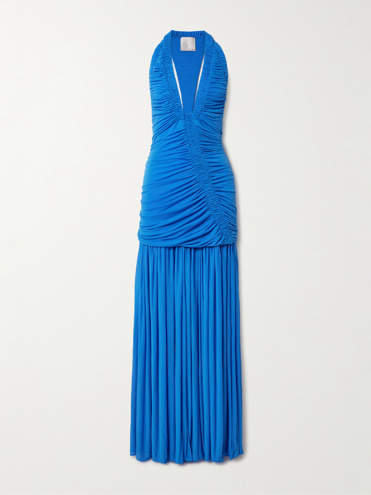 Christopher Esber Orion Open-back Ruched Mesh Gown In Blue