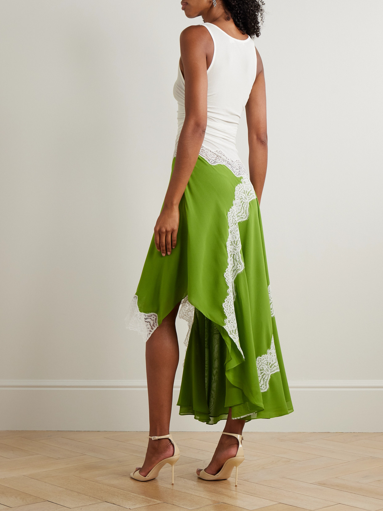 Christopher Esber Asymmetric Lace-trimmed Ruched Stretch-jersey And Crepe Dress In Green