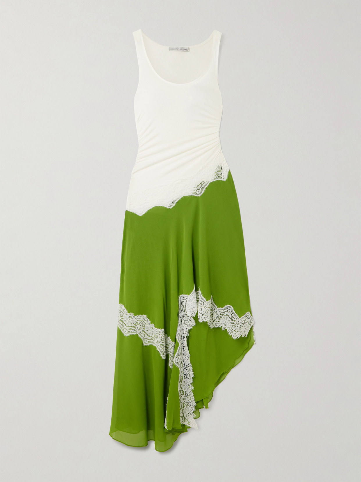 Christopher Esber Asymmetric Lace-trimmed Ruched Stretch-jersey And Crepe Dress In Green