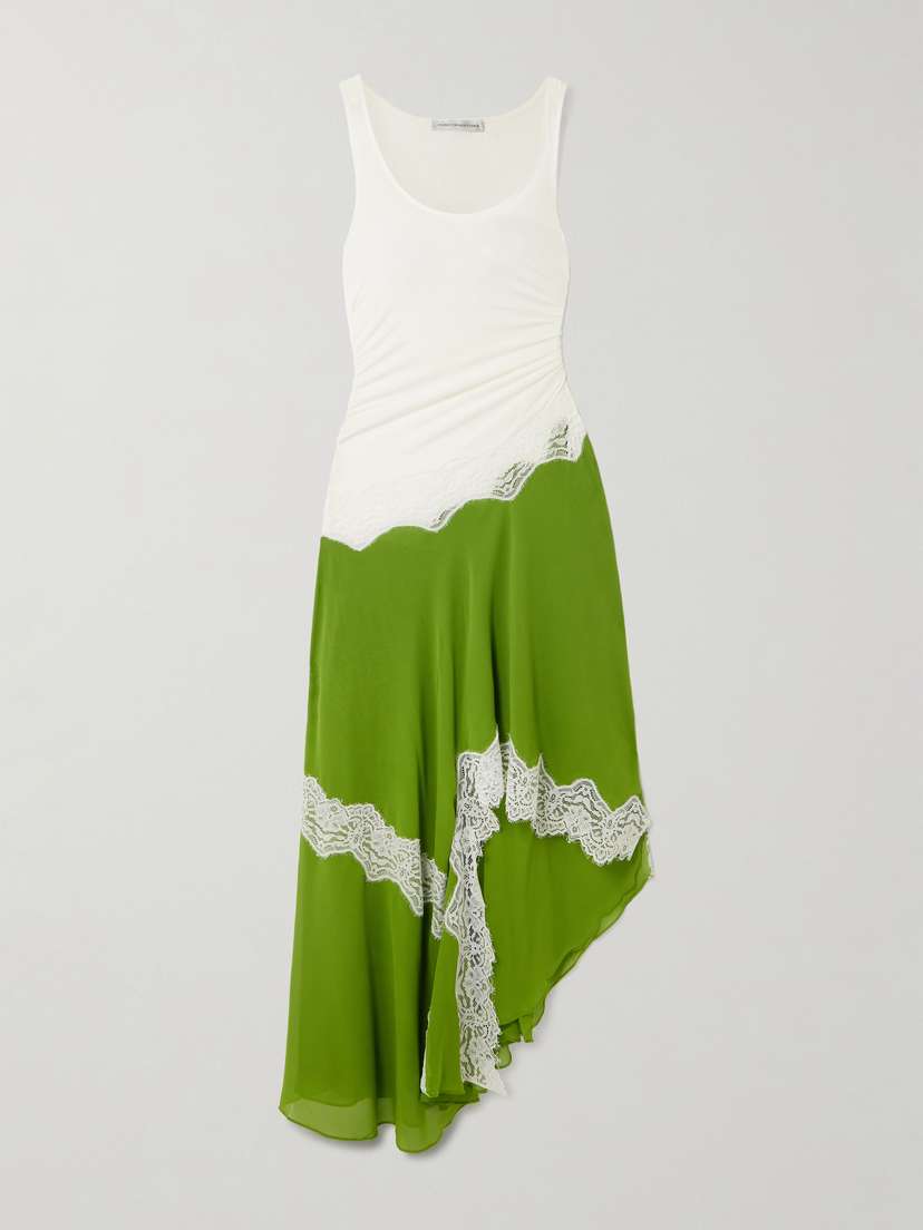Christopher Esber Asymmetric Lace-trimmed Ruched Stretch-jersey And Crepe Dress