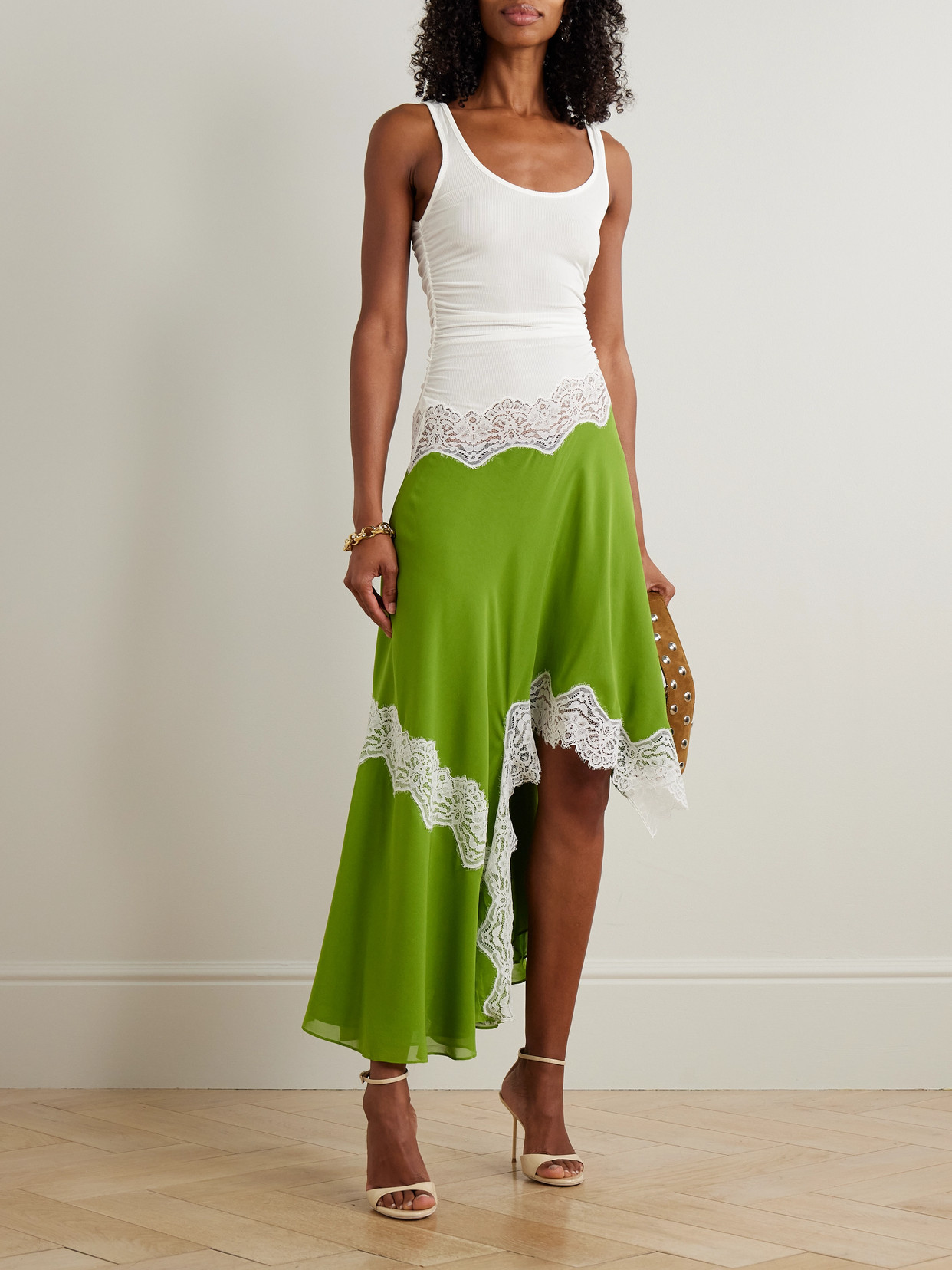 Christopher Esber Asymmetric Lace-trimmed Ruched Stretch-jersey And Crepe Dress In Green
