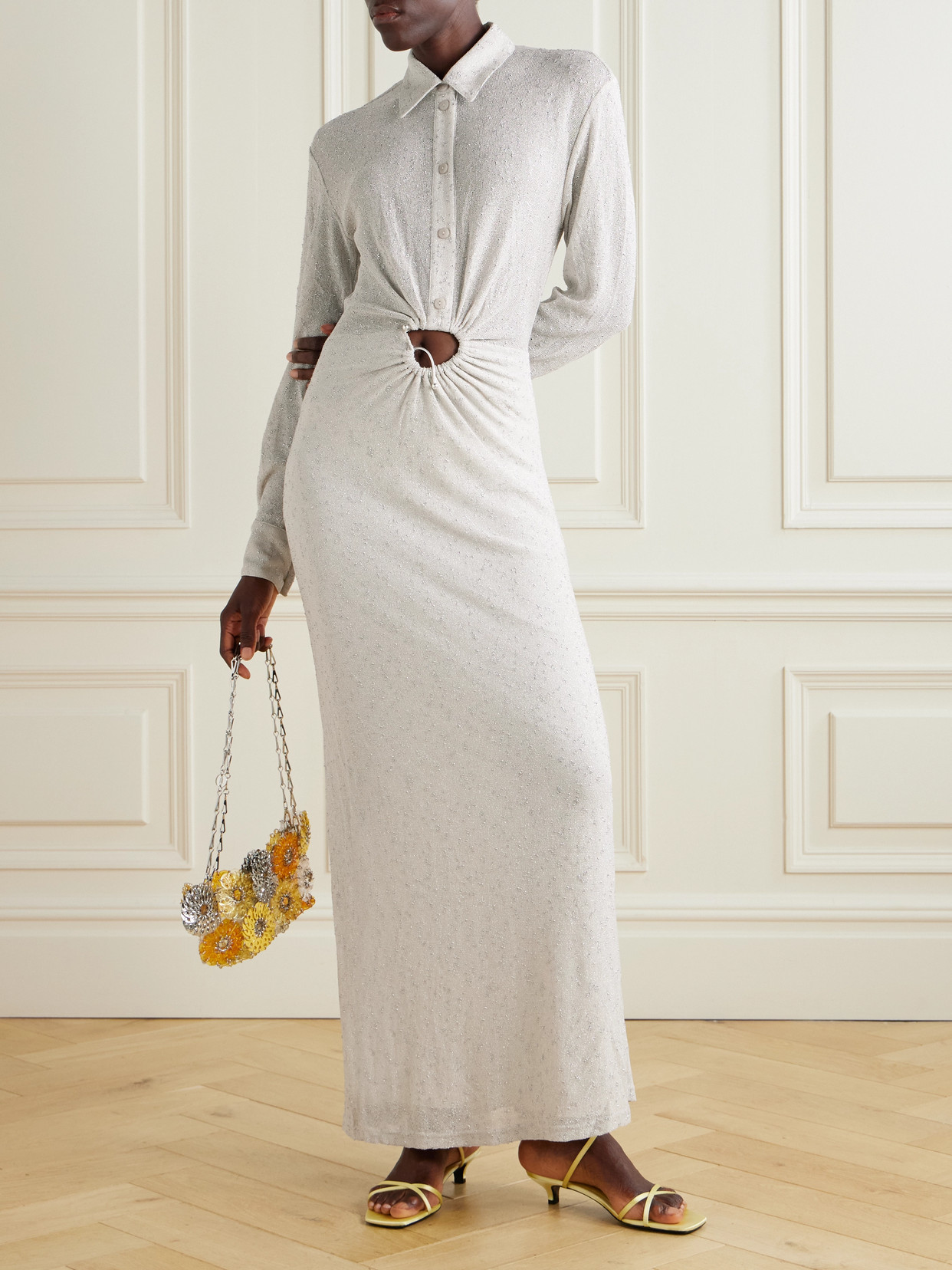 Christopher Esber Embellished Cutout Metallic Mesh Maxi Dress In Neutral