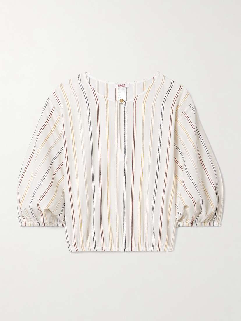 Eres Irisée El Dorado Cropped Metallic Striped Cotton-blend Voile Top