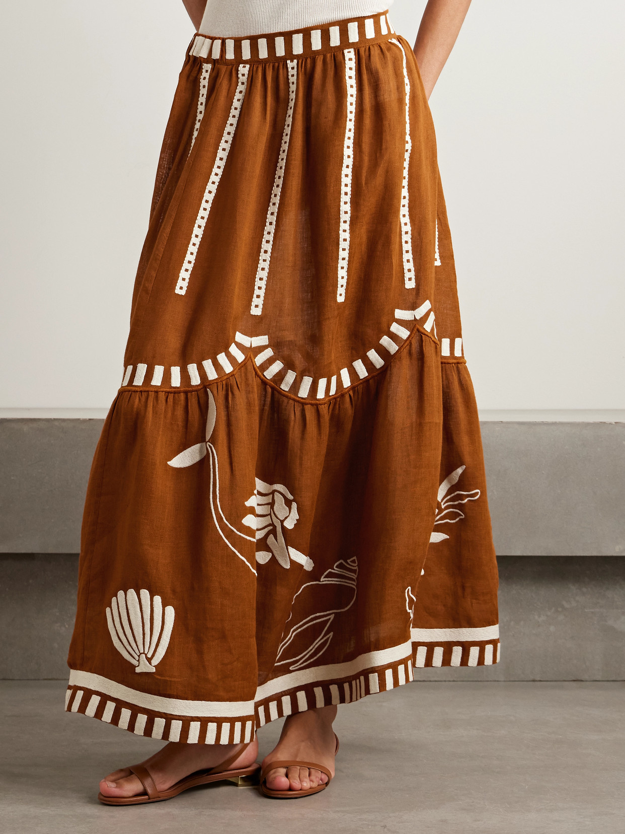 Shop Eres Mermaid Starfish Tiered Embroidered Linen Maxi Skirt