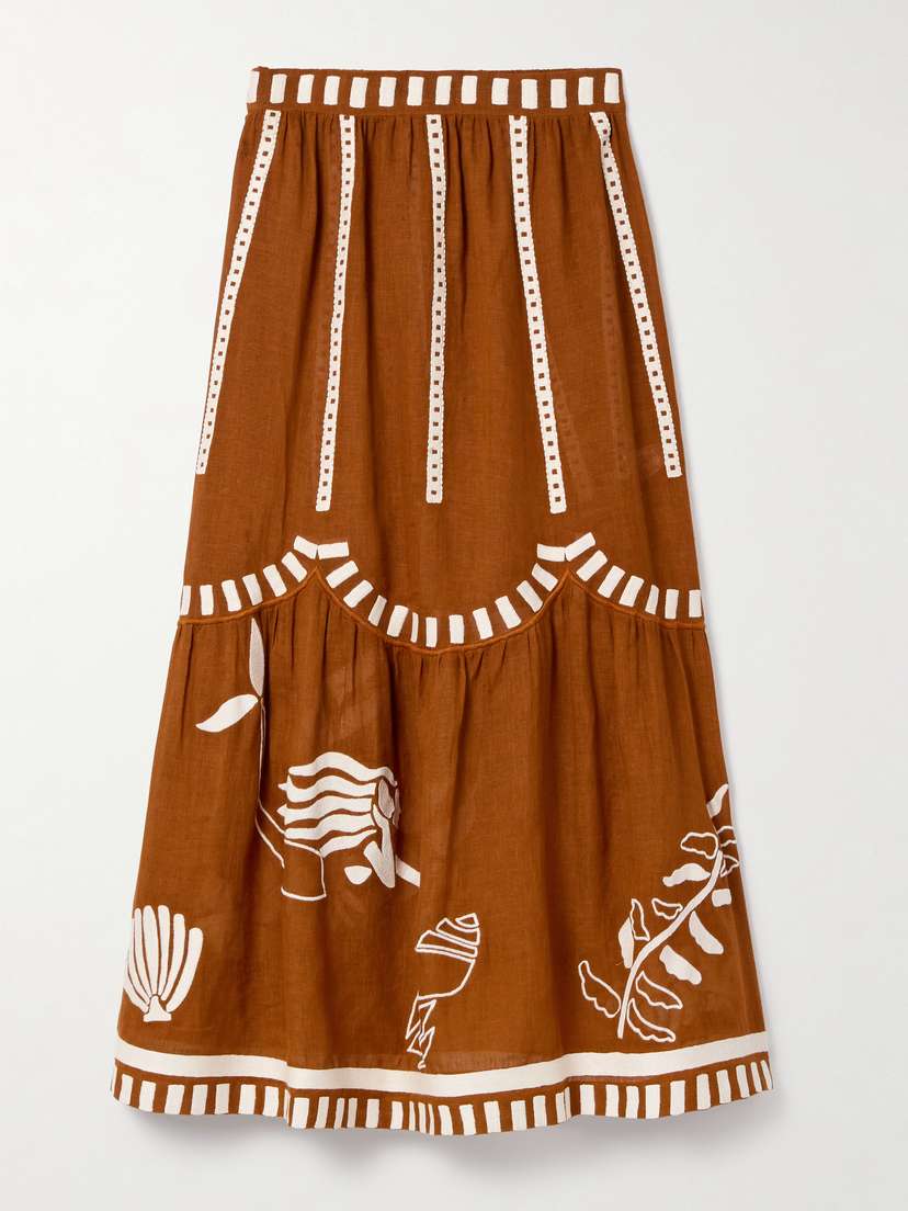 Eres Mermaid Starfish Tiered Embroidered Linen Maxi Skirt