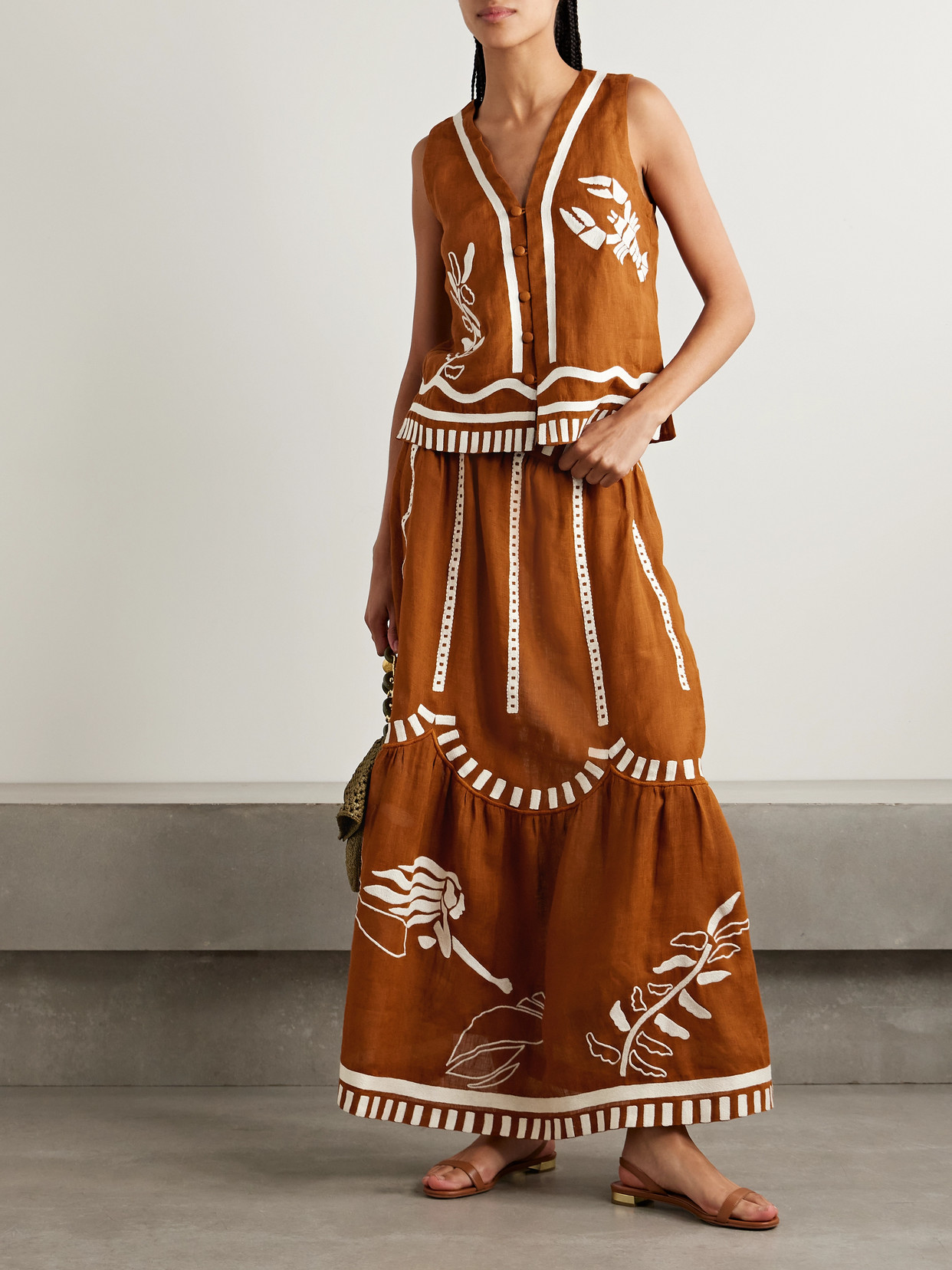 Shop Eres Mermaid Starfish Tiered Embroidered Linen Maxi Skirt