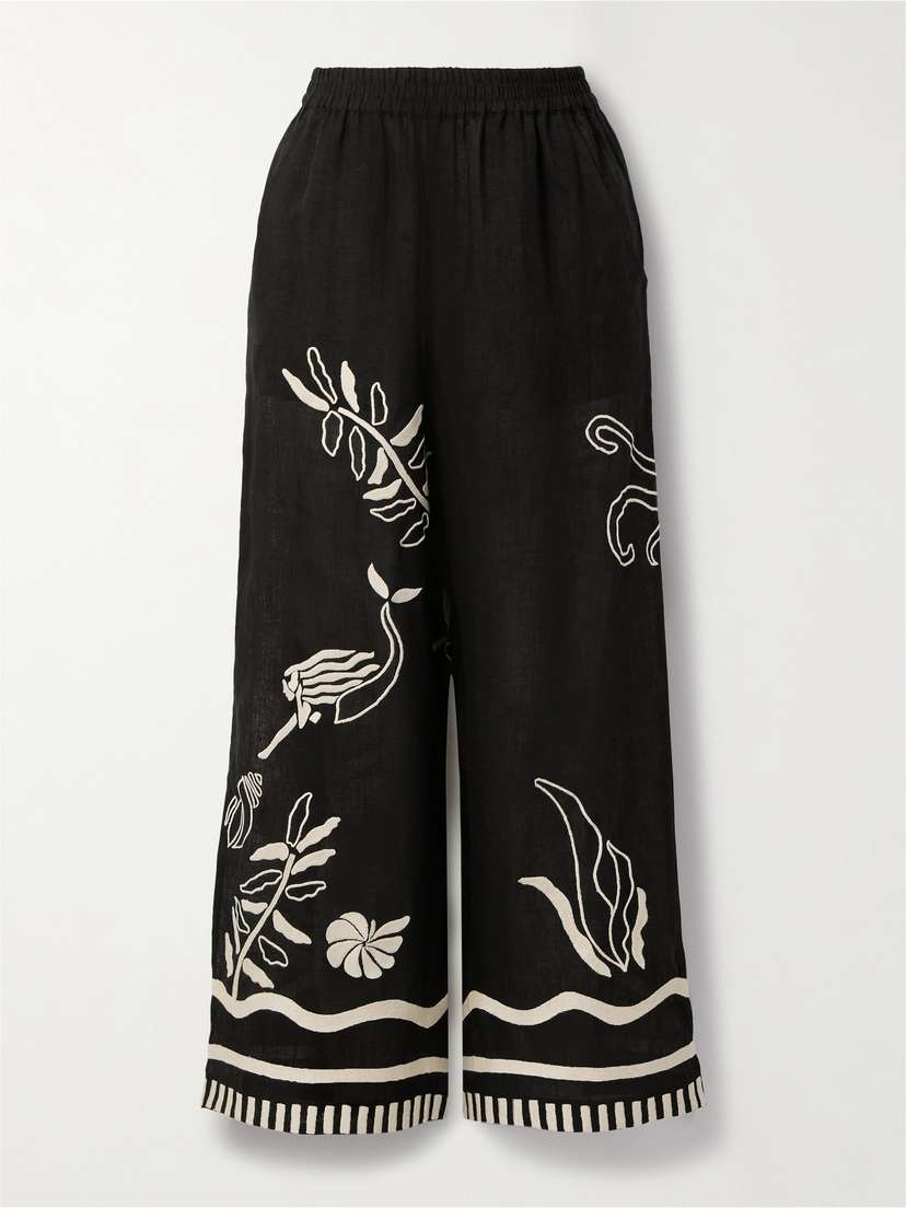 Eres Mermaid Octopus Embroidered Linen Wide-leg Pants