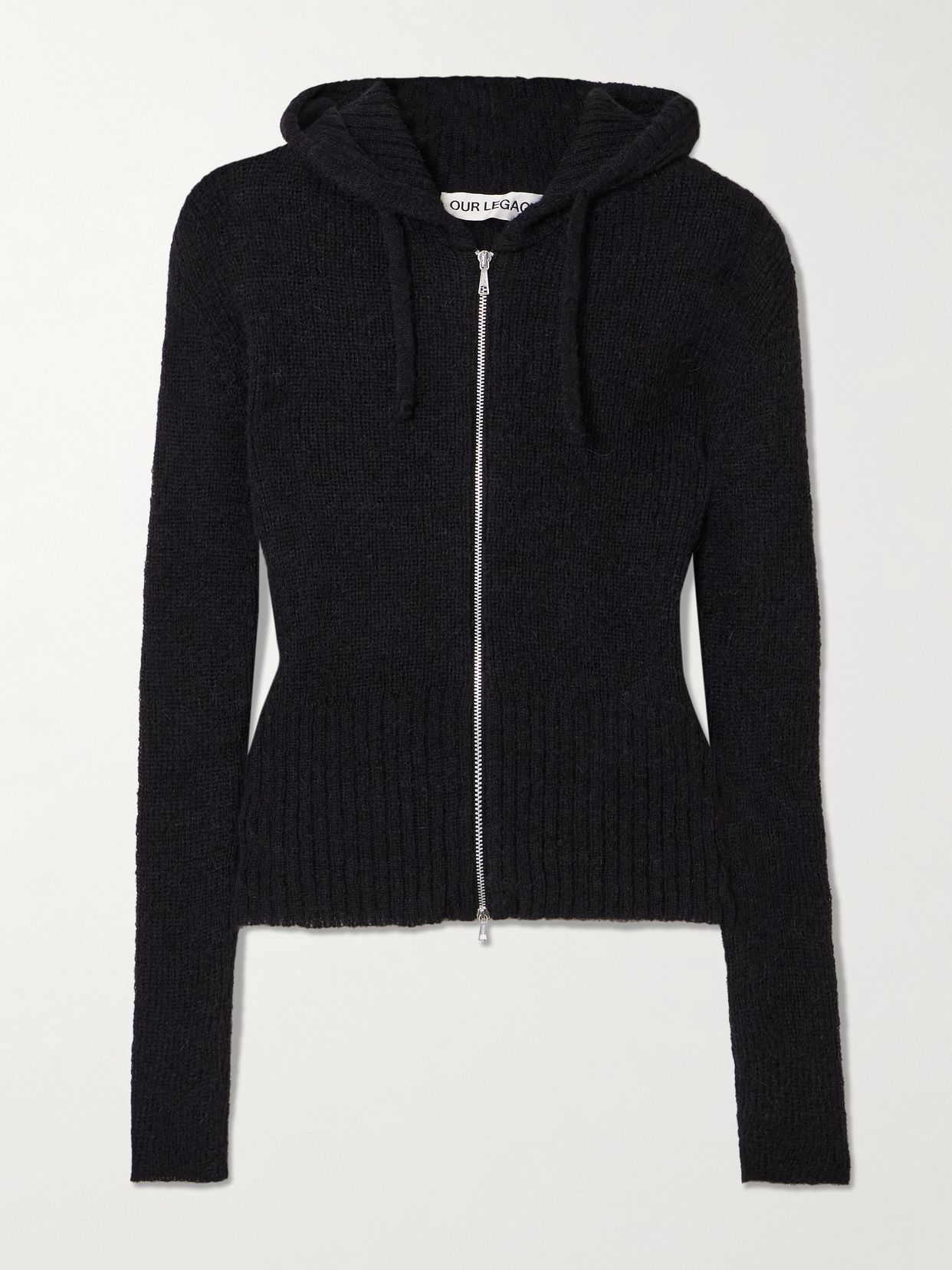 compact hooded ribbed brushed alpaca blend cardigan