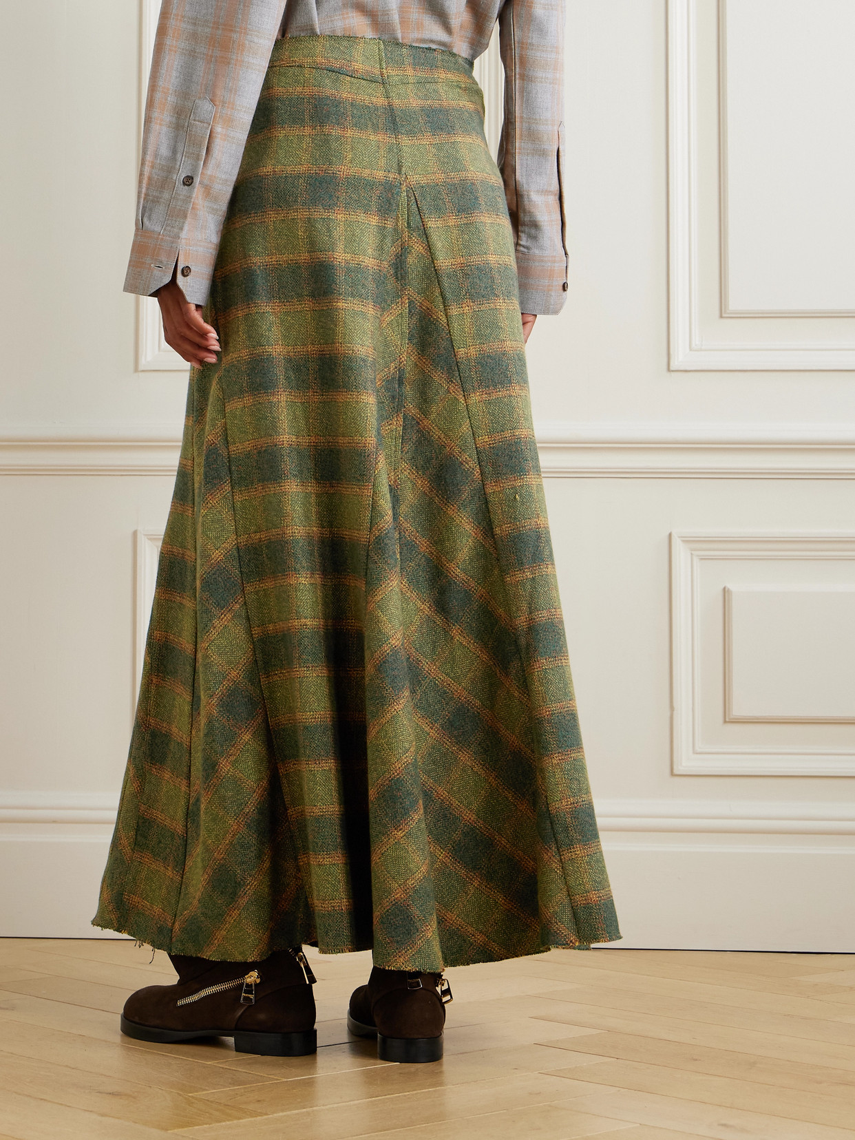 Our Legacy Rebel Distressed Paneled Checked Cotton-flannel Midi Skirt In Green
