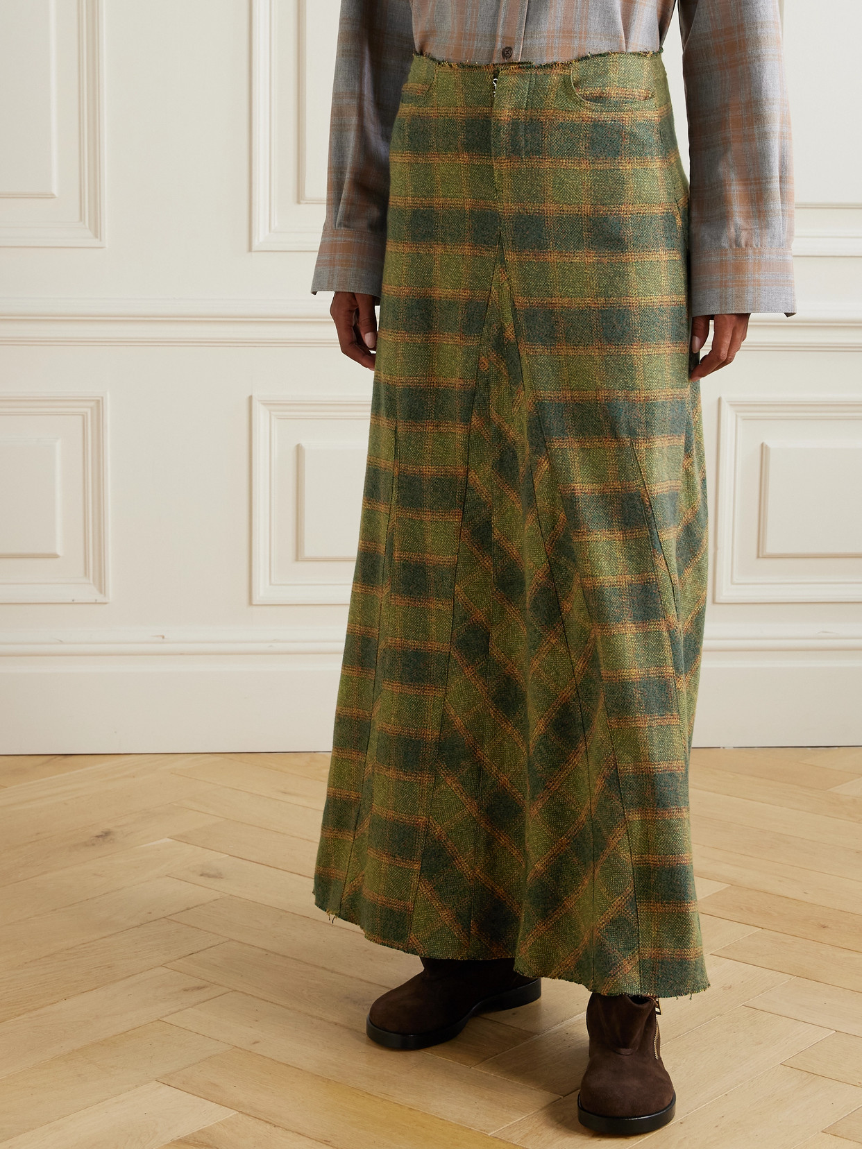 Our Legacy Rebel Distressed Paneled Checked Cotton-flannel Midi Skirt In Green