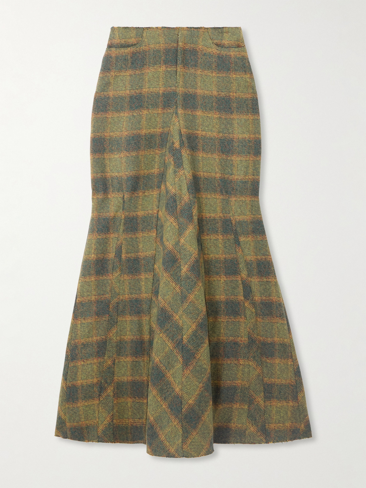 Our Legacy Rebel Distressed Paneled Checked Cotton-flannel Midi Skirt In Green