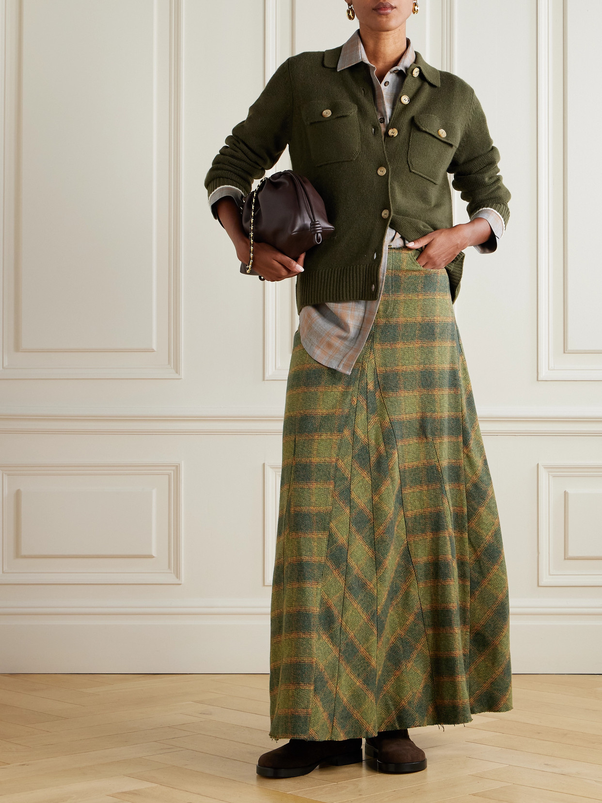 Our Legacy Rebel Distressed Paneled Checked Cotton-flannel Midi Skirt In Green