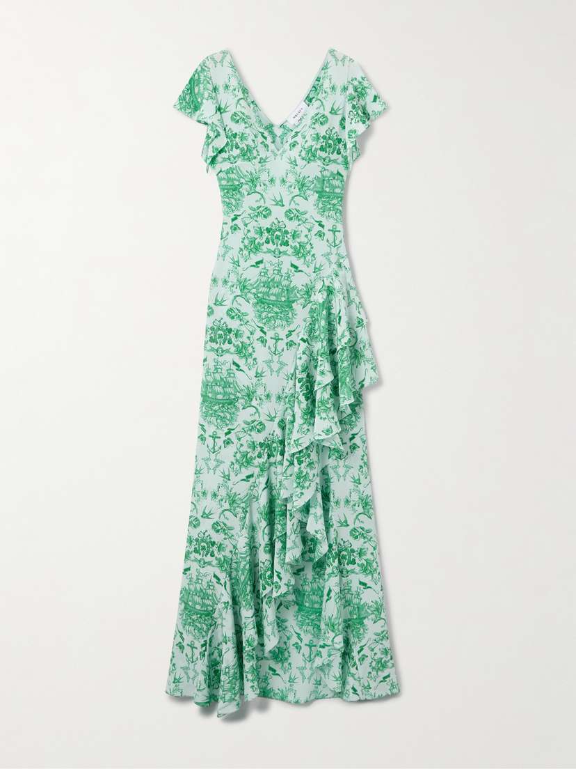 McQueen Asymmetric Ruffled Printed Silk-satin Maxi Dress