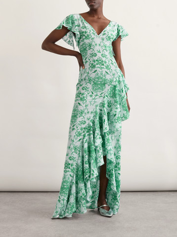 McQueen Asymmetric ruffled printed silk-satin maxi dress