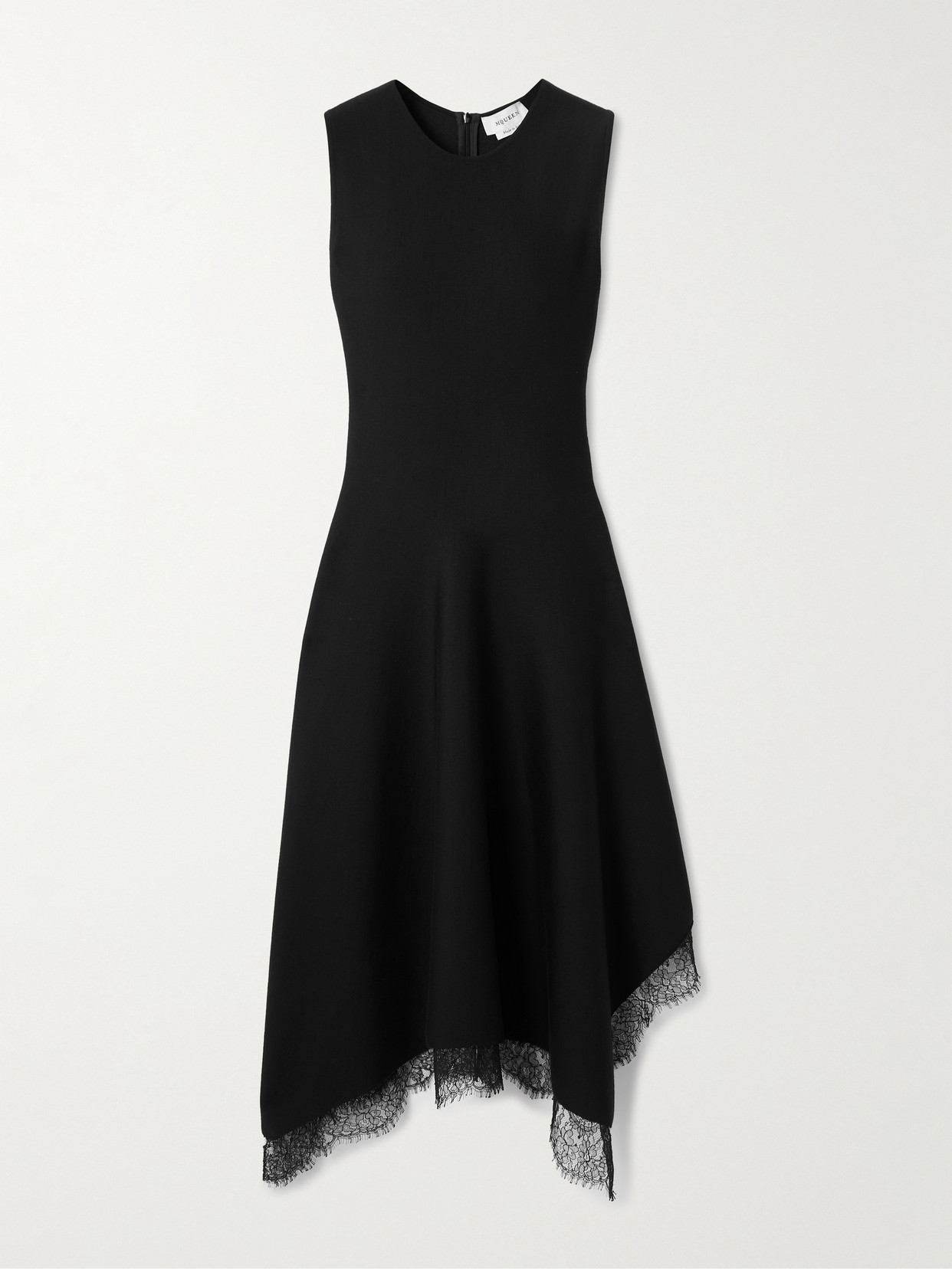 Alexander Mcqueen Asymmetric Lace-trimmed Woven Midi Dress