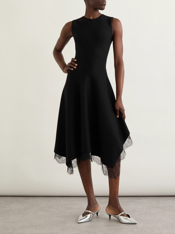 McQueen Asymmetric lace-trimmed woven midi dress