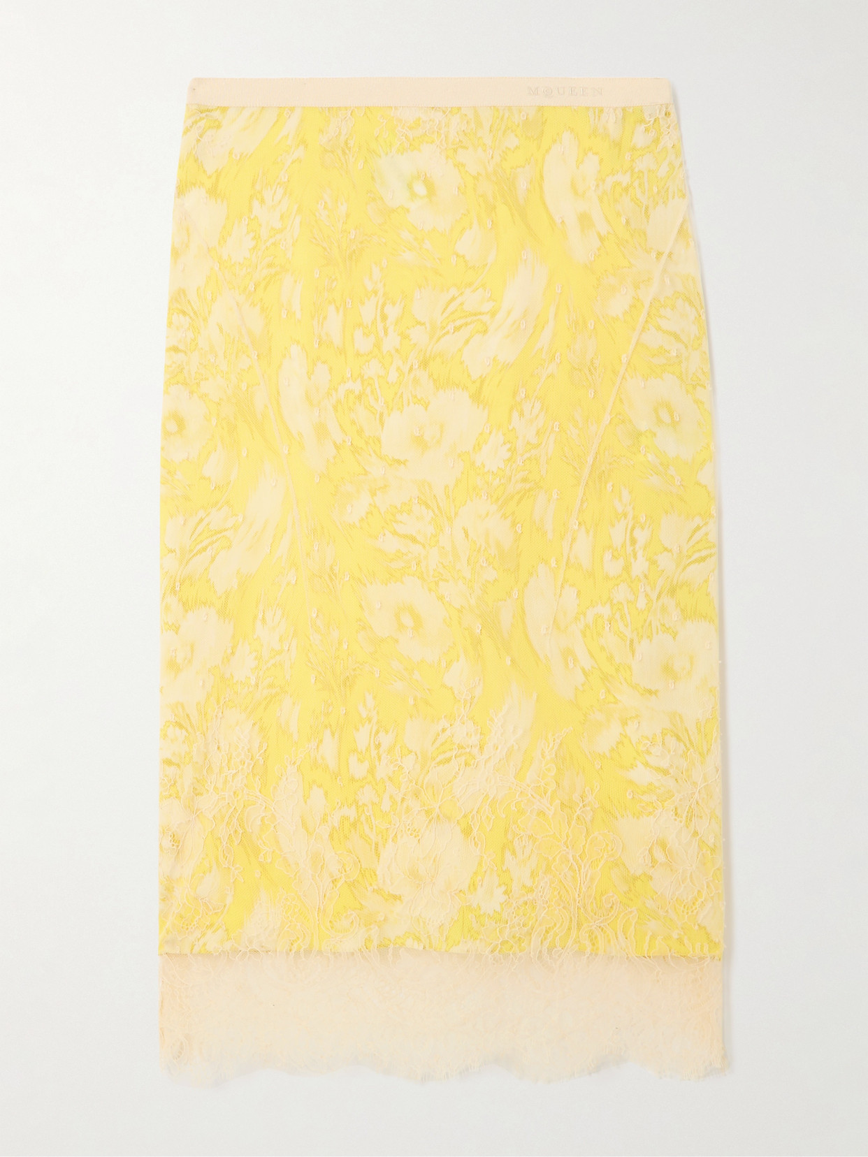 Alexander Mcqueen Lace And Silk Midi Skirt In Yellow