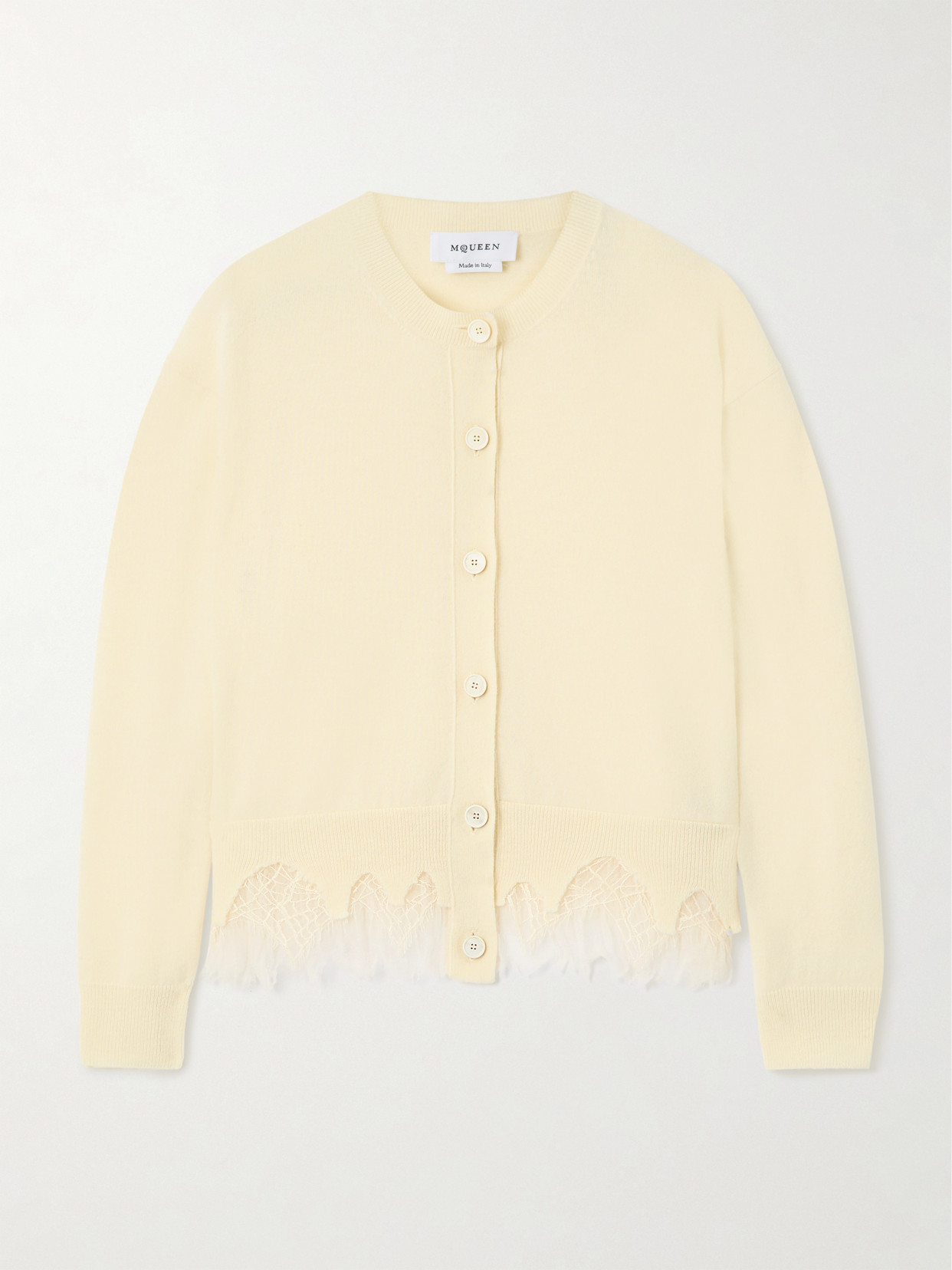 Alexander Mcqueen Lace-trimmed Distressed Wool And Cashmere-blend Cardigan