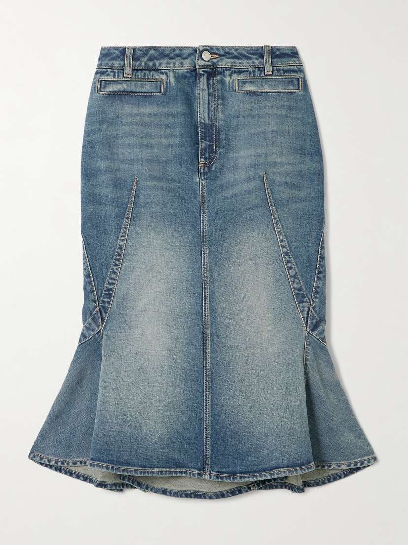 McQueen Paneled Denim Midi Skirt
