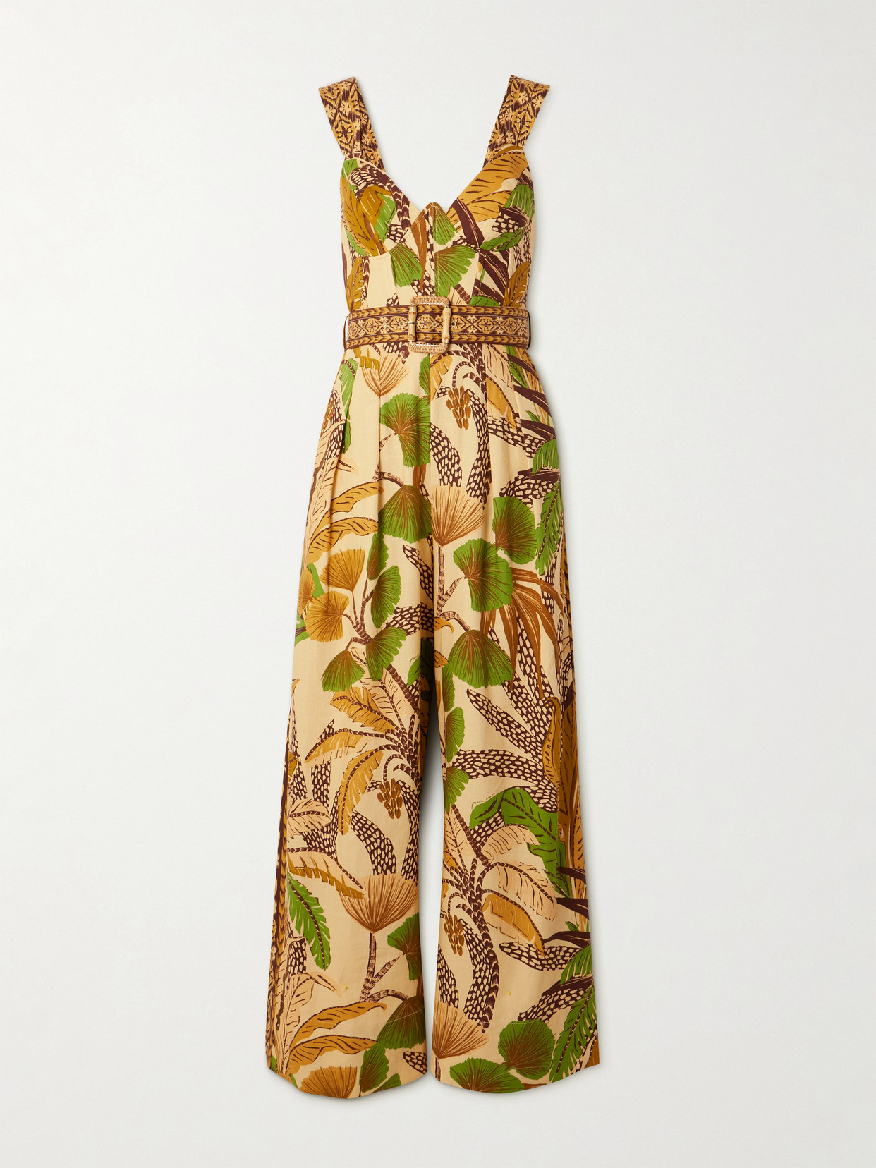 Farm Rio Belted Shirred Printed Linen-blend Jumpsuit