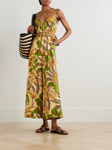 FARM Rio Belted shirred printed linen-blend jumpsuit