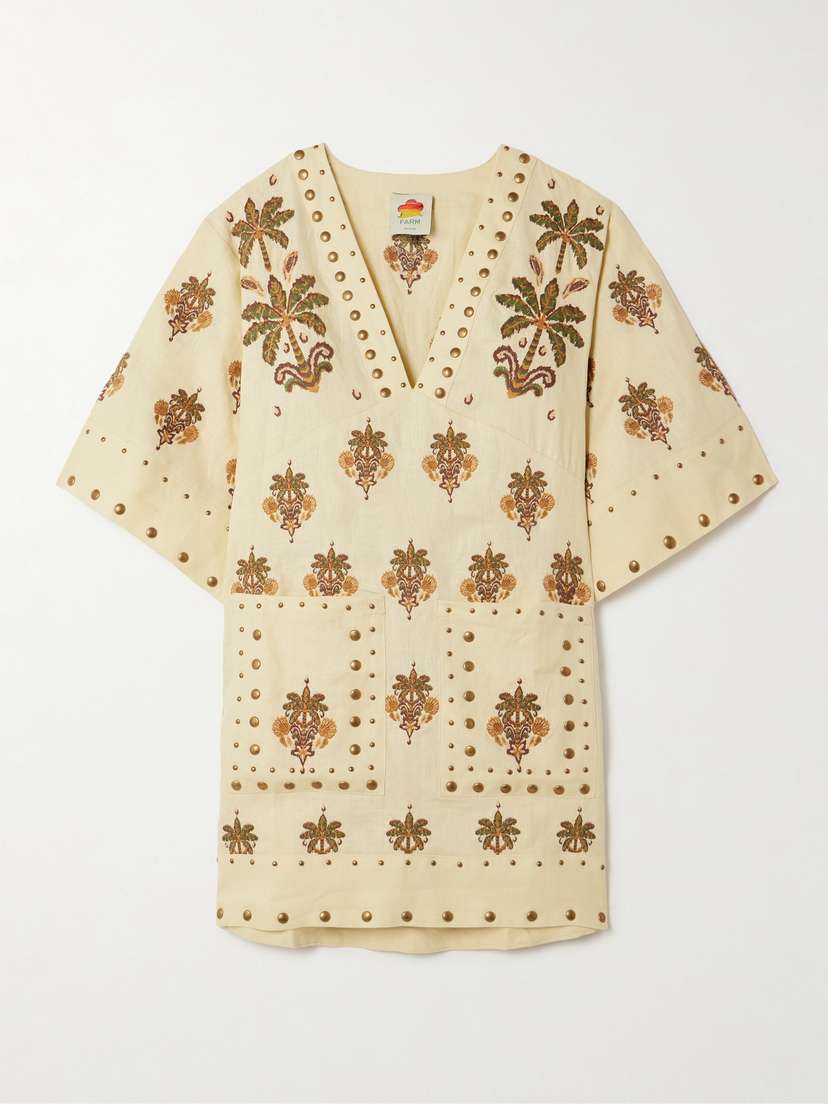 Farm Rio Studded Embroidered Linen Mini Dress