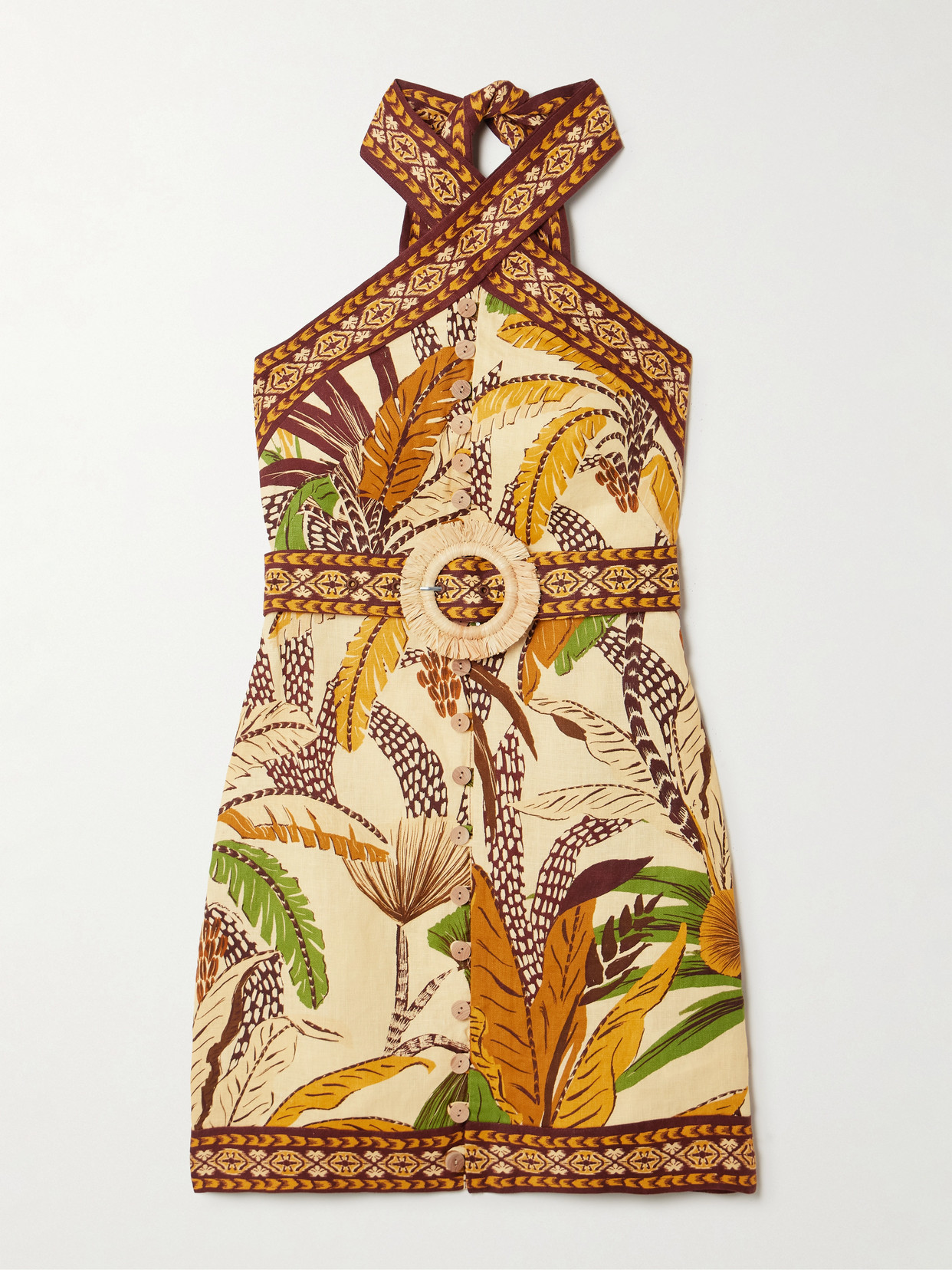 Farm Rio - Belted Printed Linen Halterneck Mini Dress - Beige