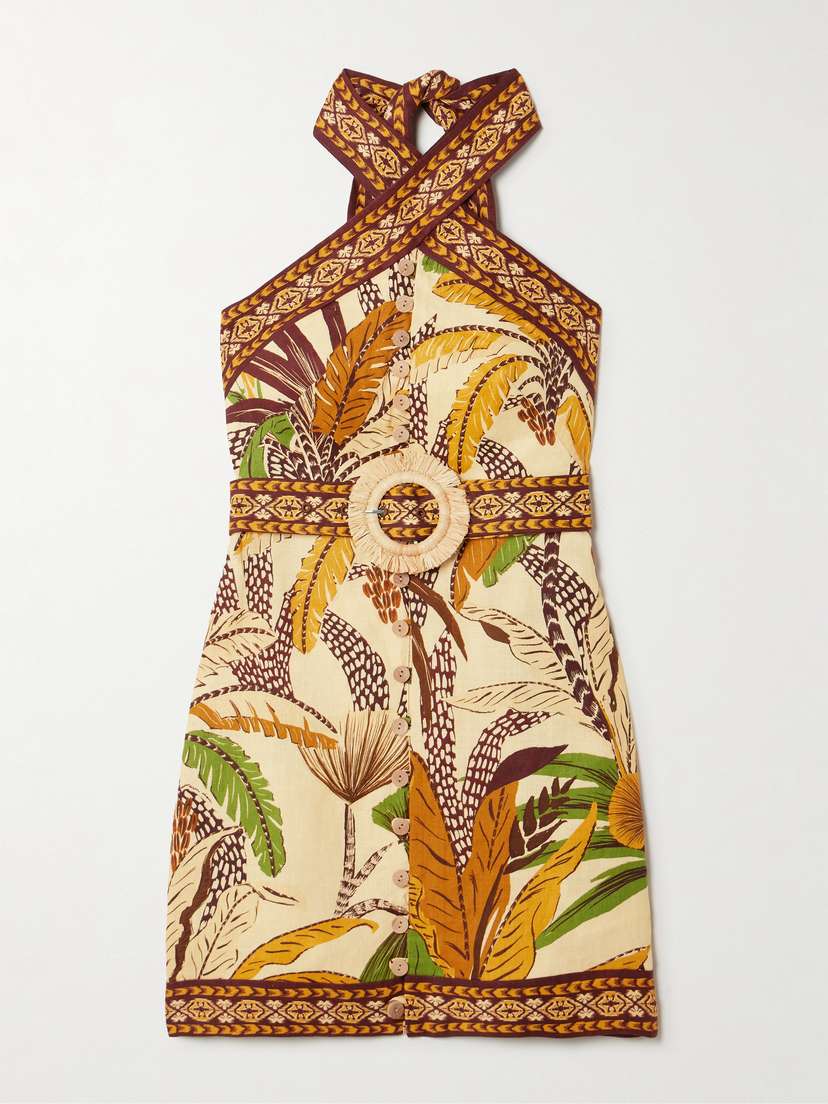 Farm Rio Belted Printed Linen Halterneck Mini Dress