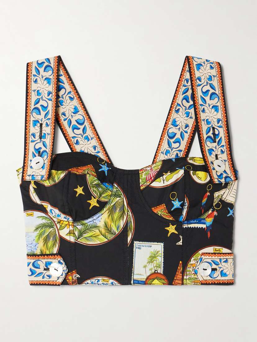 Farm Rio Cropped Printed Cotton Bustier Top