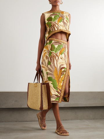 FARM Rio Cropped printed linen-blend top