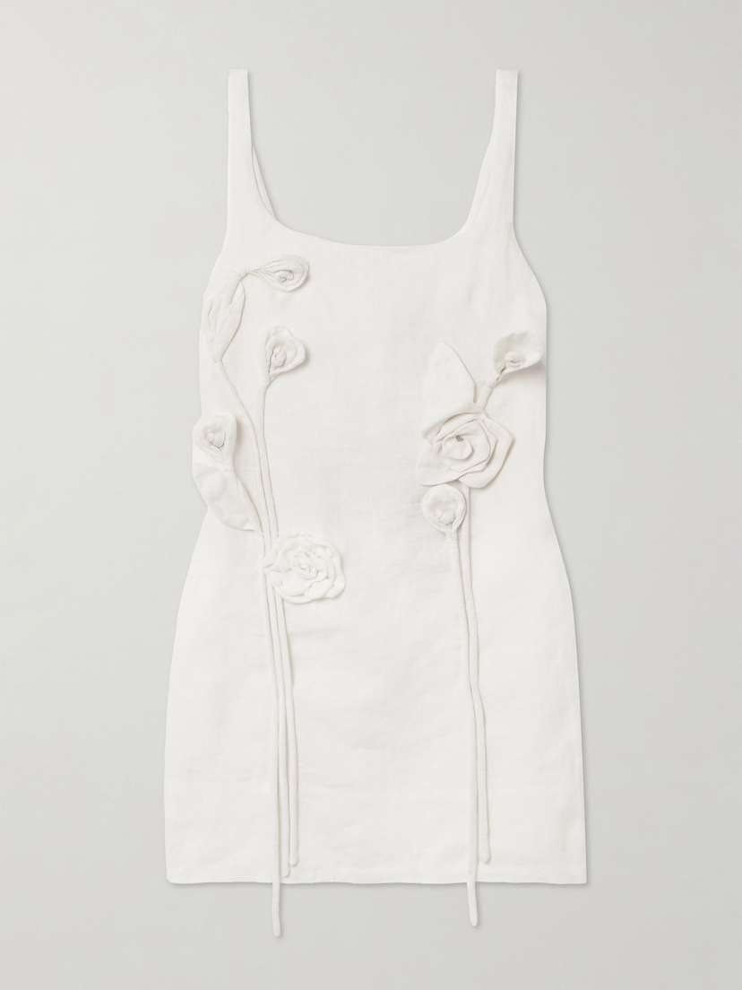 Farm Rio Floral-appliquéd Linen Mini Dress