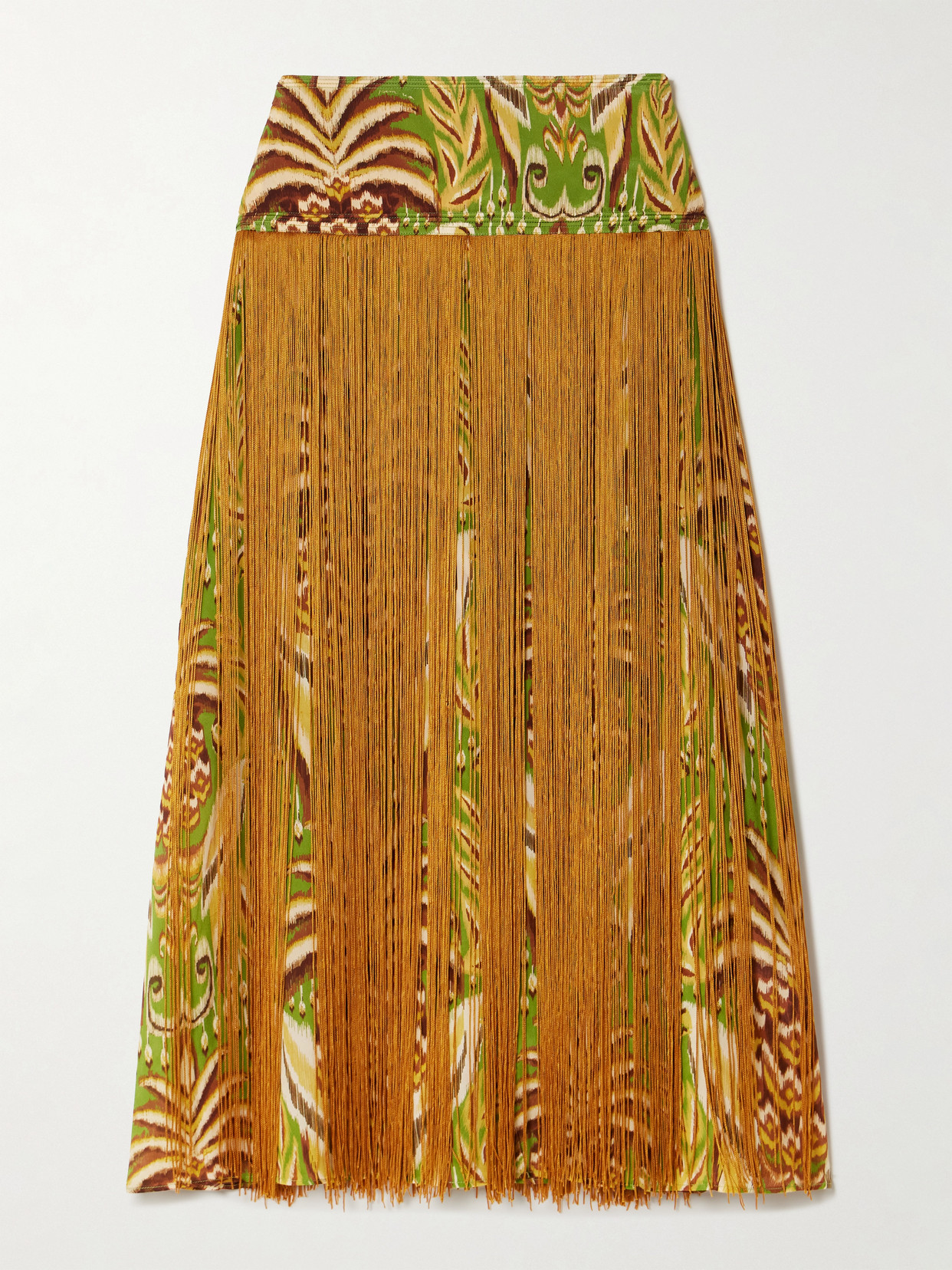 Farm Rio Fringed Printed Satin Midi Skirt