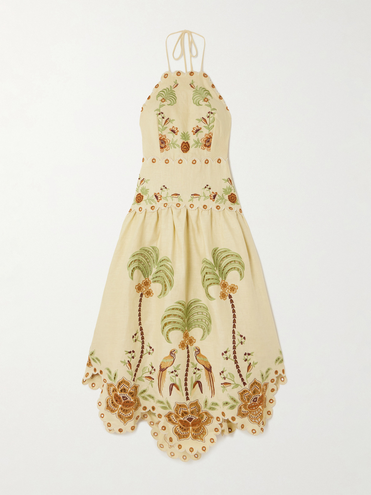 Farm Rio Scalloped Broderie Anglaise Linen Halterneck Dress
