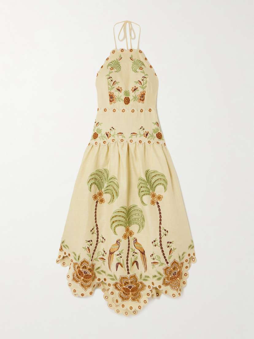 Farm Rio Scalloped Broderie Anglaise Linen Halterneck Dress