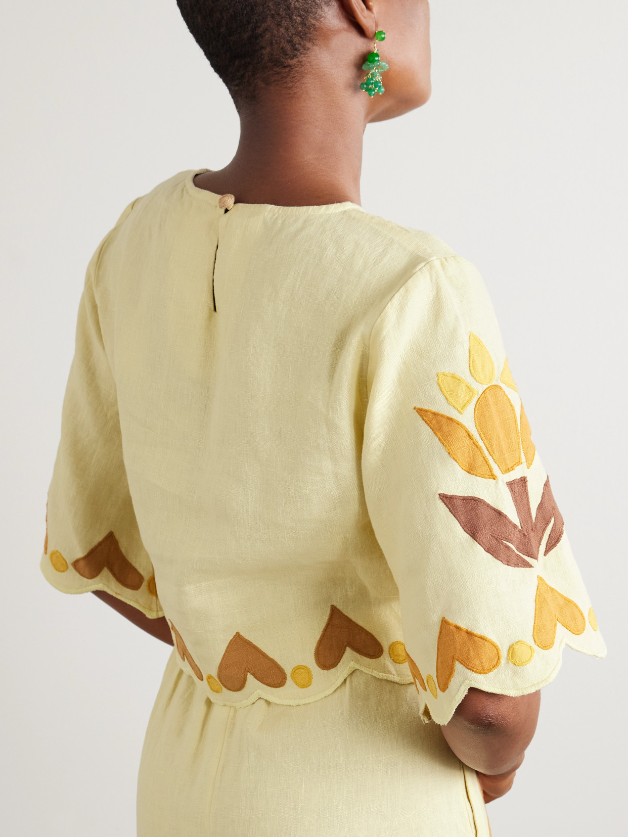 Farm Rio Summer Cropped Scalloped Appliquéd Linen Top In Brown