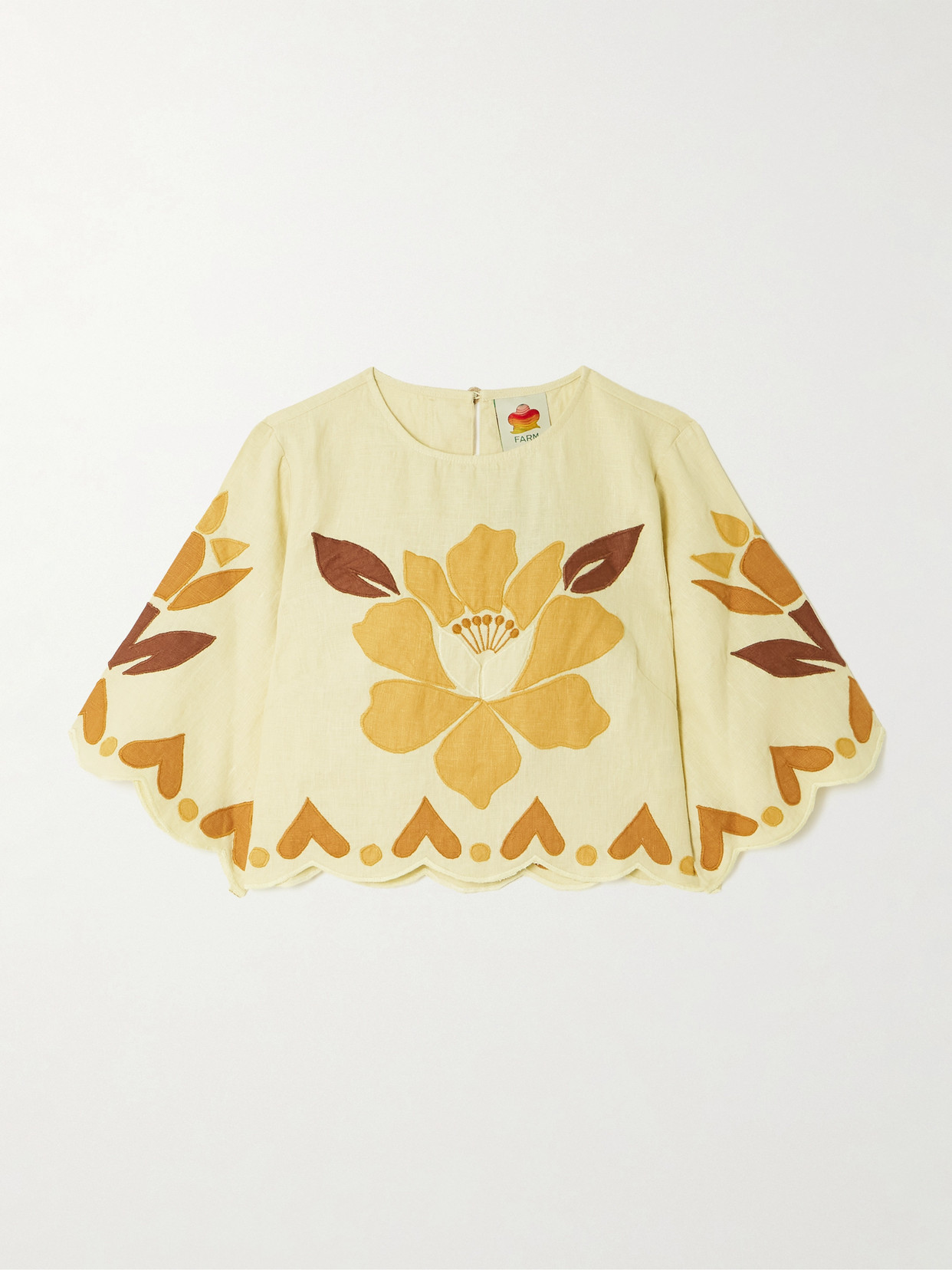 Farm Rio Summer Cropped Scalloped Appliquéd Linen Top In Yellow
