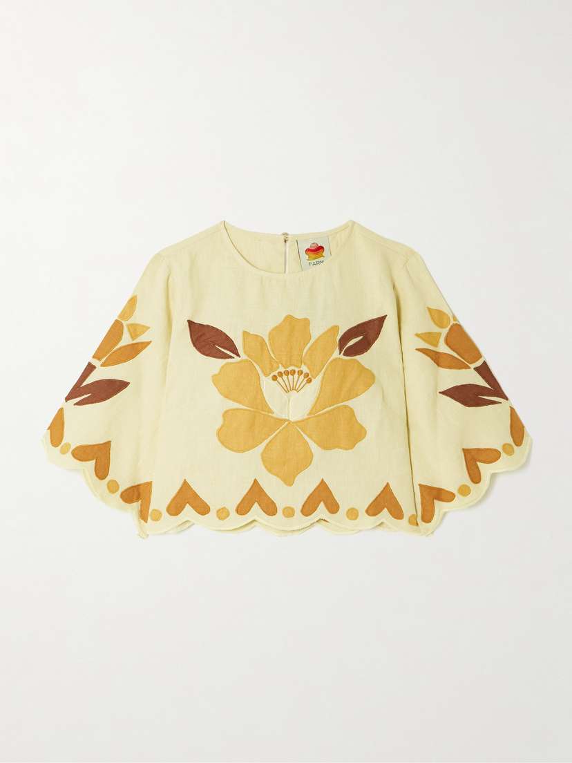 Farm Rio Summer Cropped Scalloped Appliquéd Linen Top