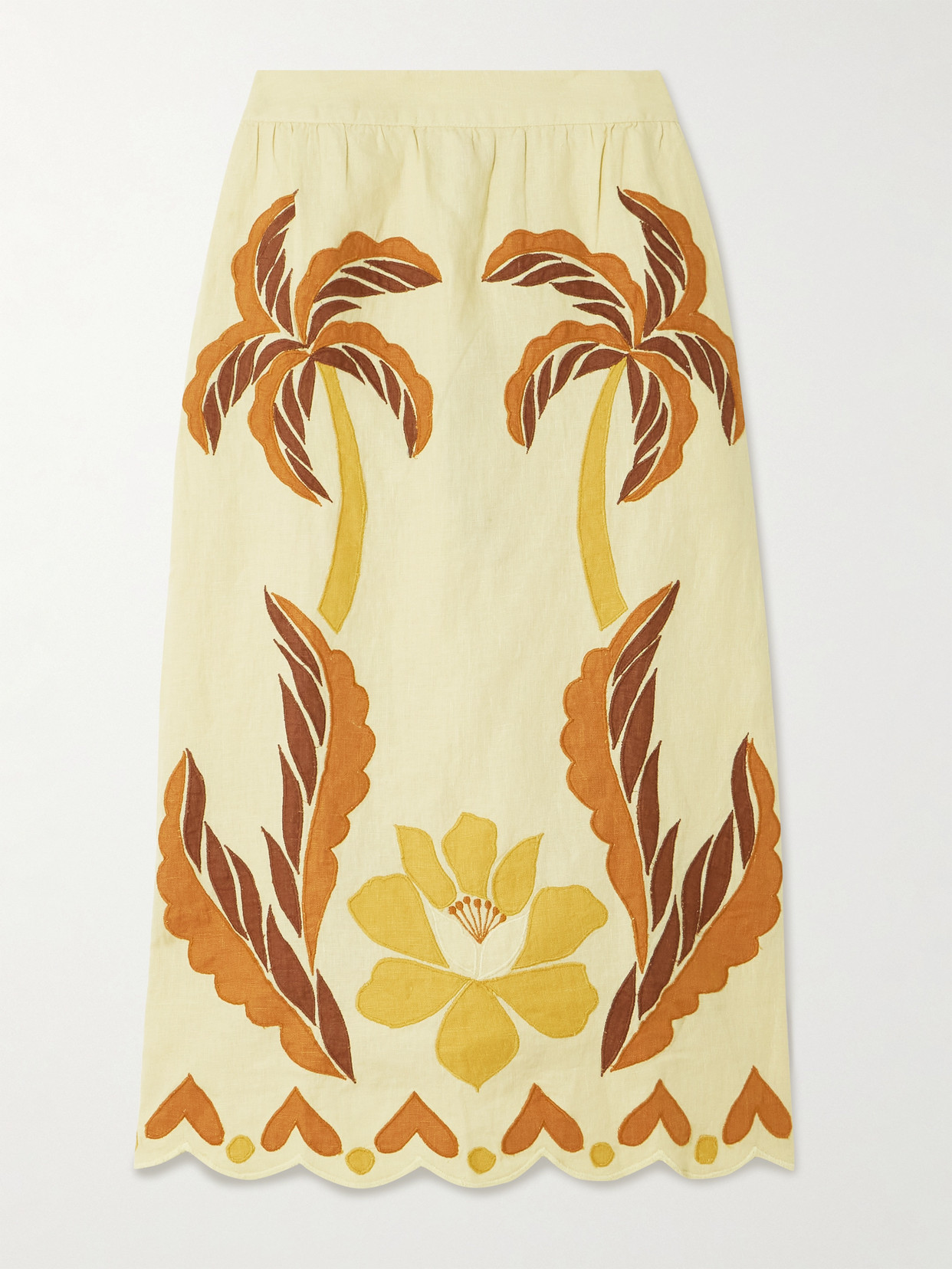 Farm Rio Summer Scalloped Appliquéd Linen Skirt In Neutral