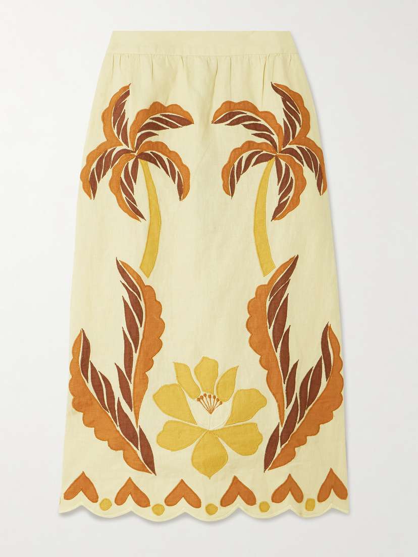 Farm Rio Summer Scalloped Appliquéd Linen Skirt