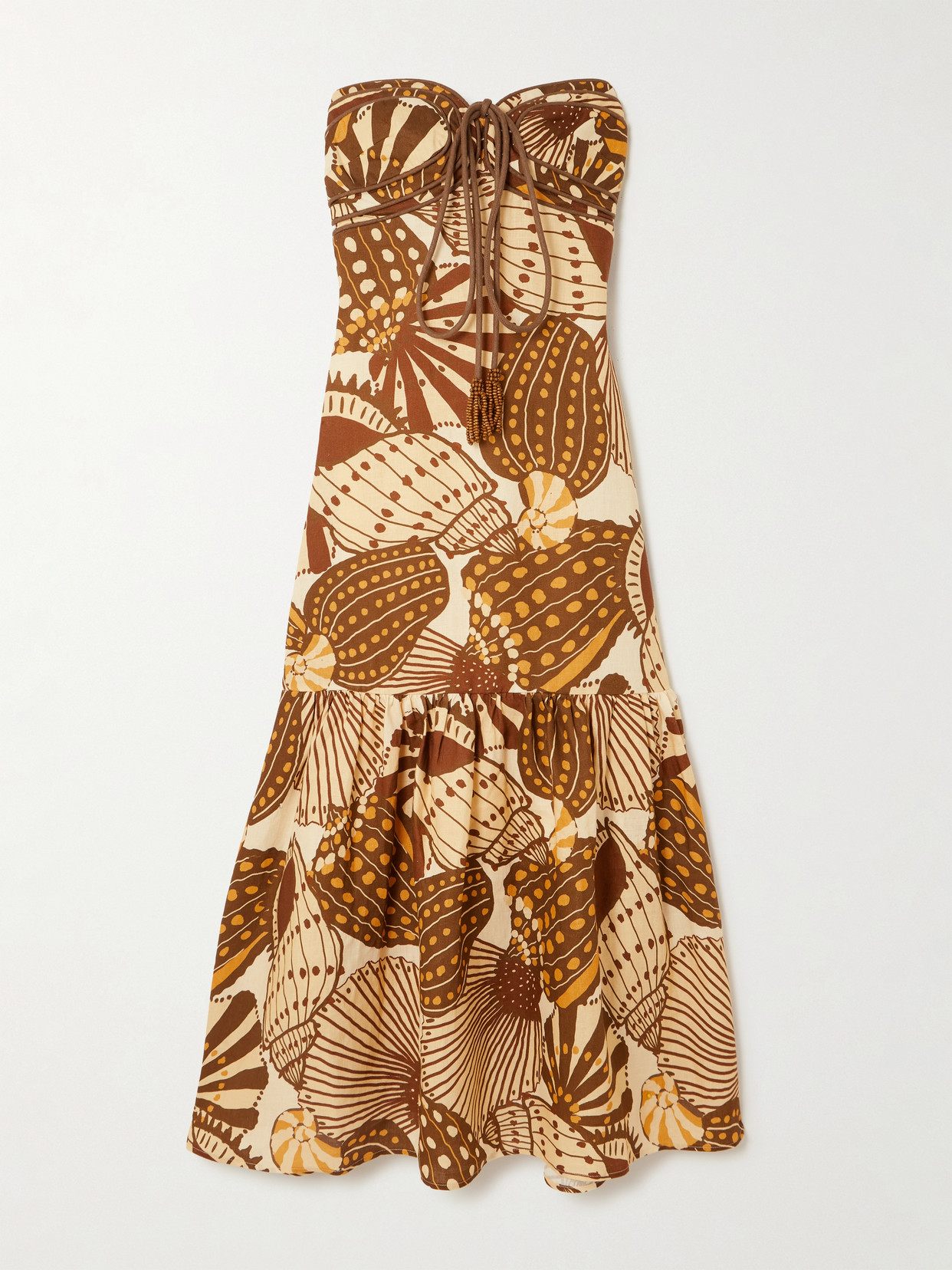 Farm Rio Tasseled Shirred Printed Linen Halterneck Maxi Dress