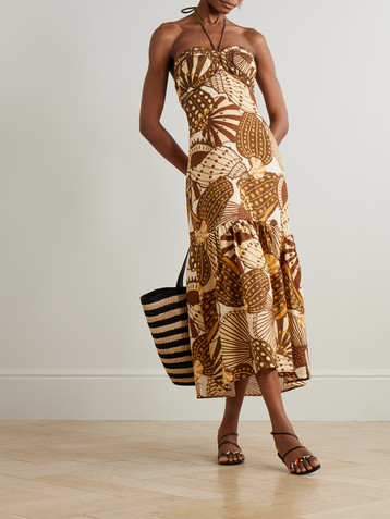FARM Rio Tasseled shirred printed linen halterneck maxi dress
