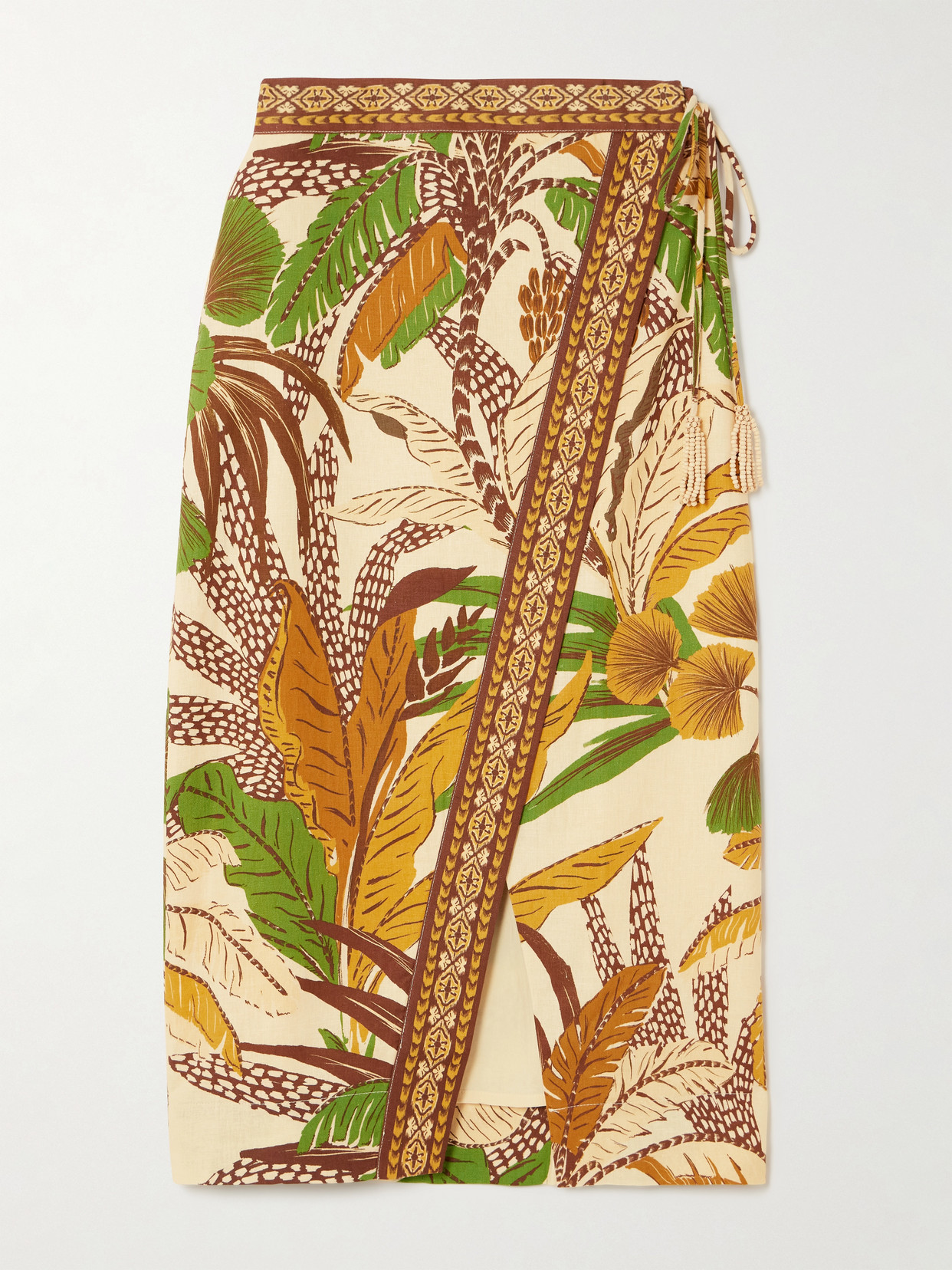 Farm Rio Tasseled Printed Linen-blend Wrap Midi Skirt