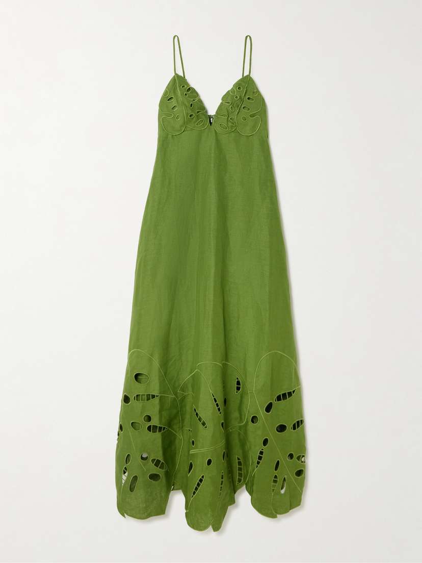 Farm Rio Appliquéd Broderie Anglaise Linen Midi Dress